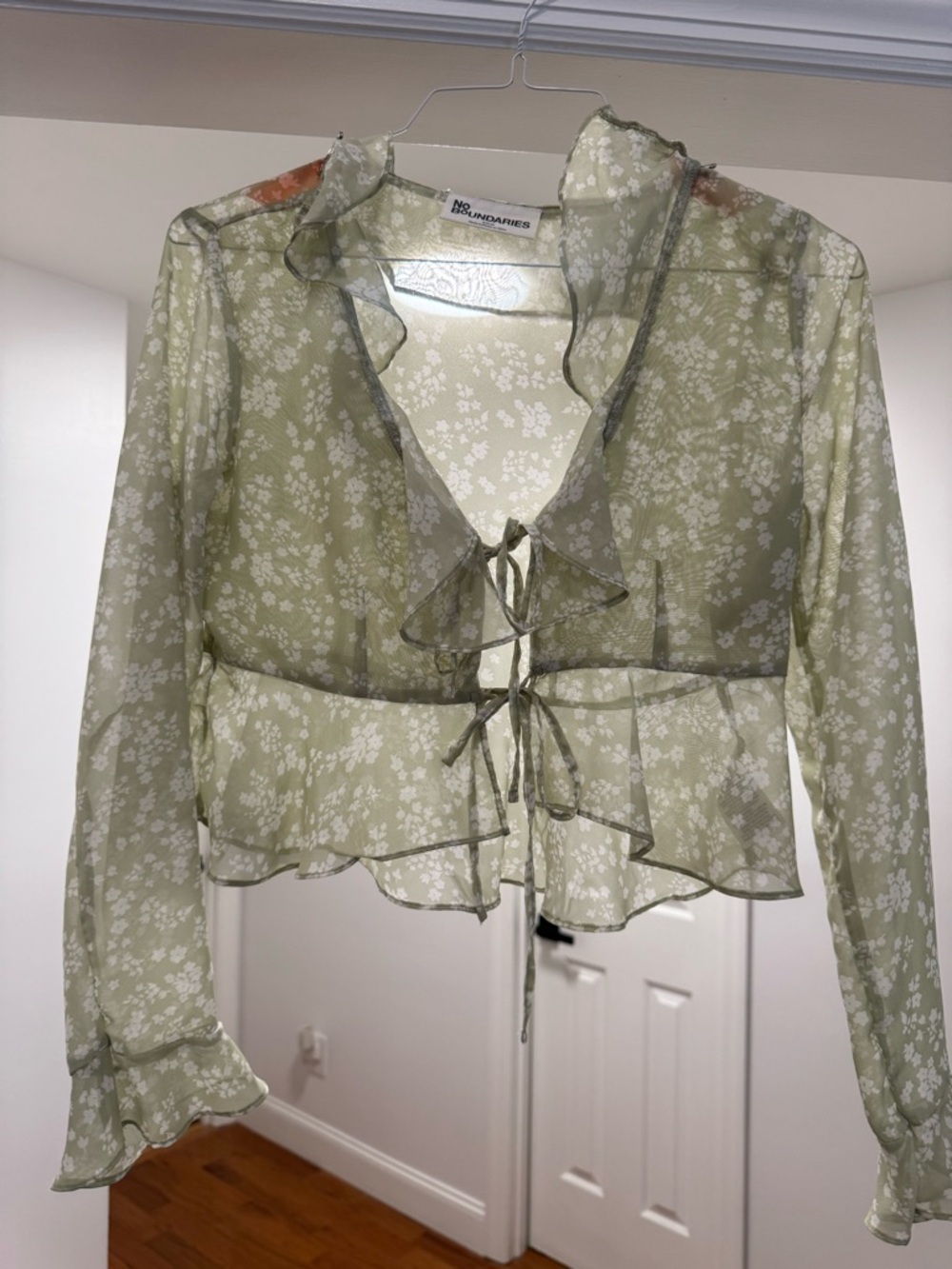 No Boundaries Olive Green Sheer Floral Tie-Front Blouse